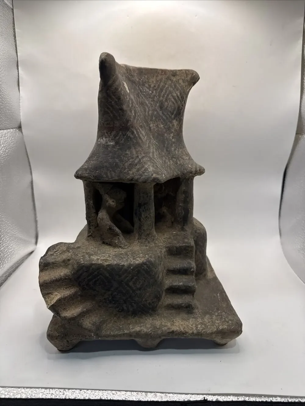 Ancient Nayarti Terracotta House Model W/ People Engraved “MEX” Made In Mexico *